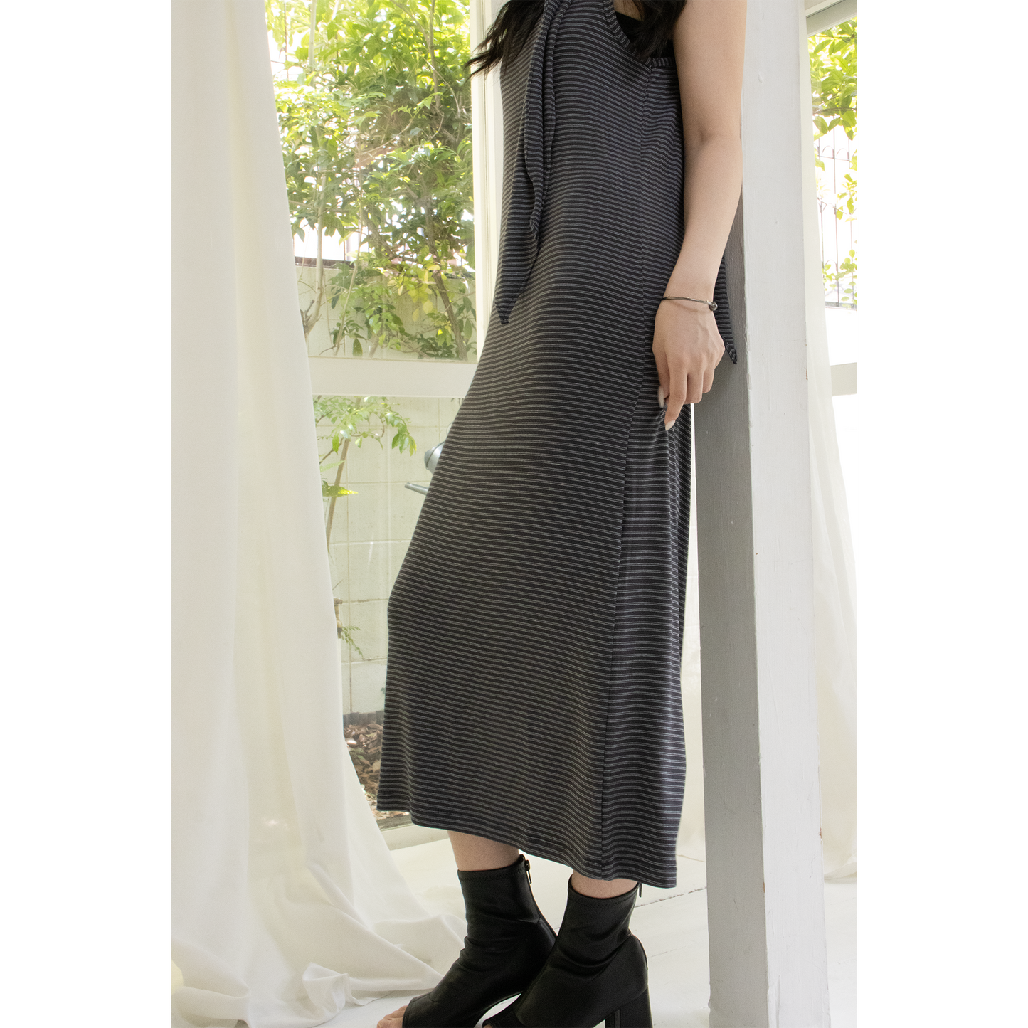fine border tie dress（Charcoal）