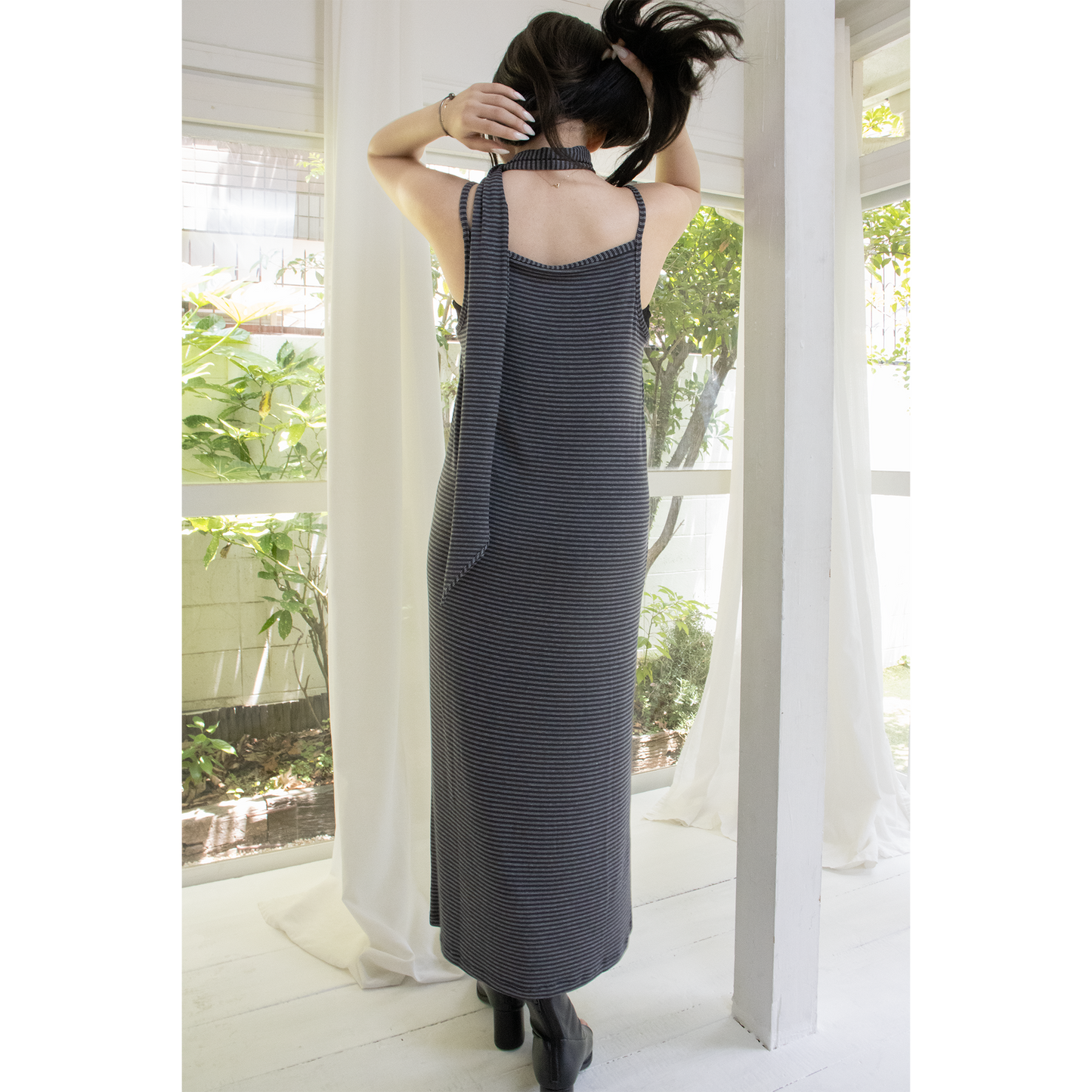 fine border tie dress（Charcoal）