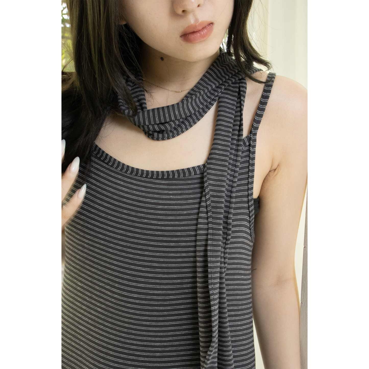 fine border tie dress（Charcoal）